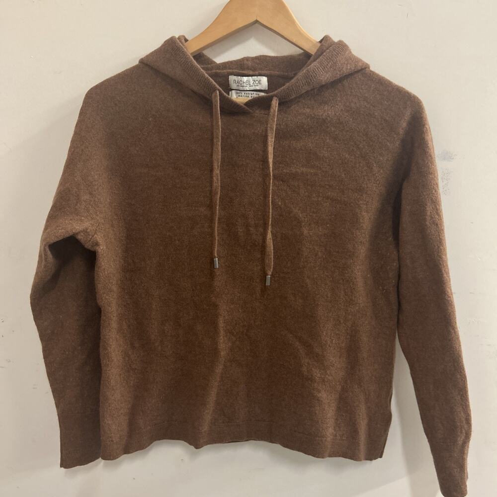 Rachel Zoe 100% Extrafine Merino Wool Brown Cropped Hooded Sweater Size XL